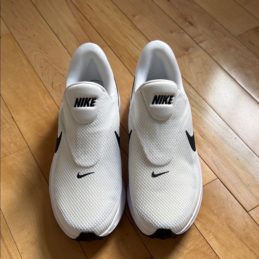 Worn 1X EUC Nike Men’s White Slip-On Sneakers with Black Swoosh Revolution 8